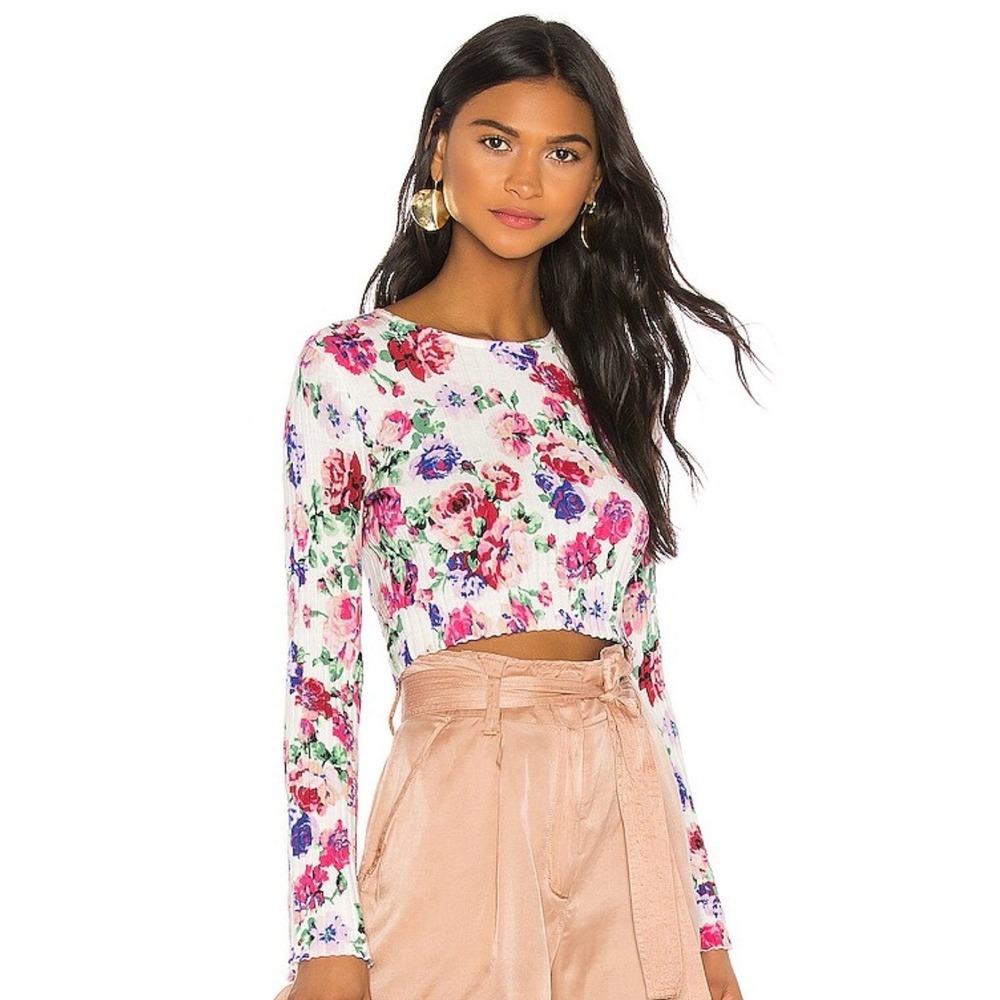 Ronny Kobo Magda Long Sleeve Crop Top White Pink Floral Size Medium